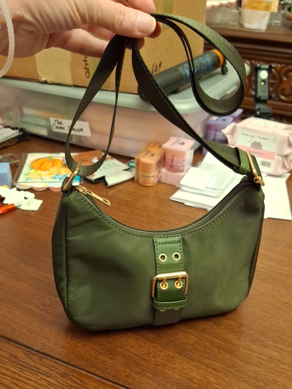 Y2K Vibe Olive Green Shoulder Nylon Bag with Gold Hardware Preloved